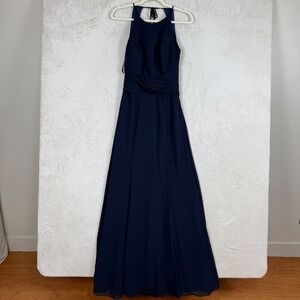 Wtoo Navy Blue Halter Ruched Waist Chiffon Bridesmaid Dress Size 8 Open Back